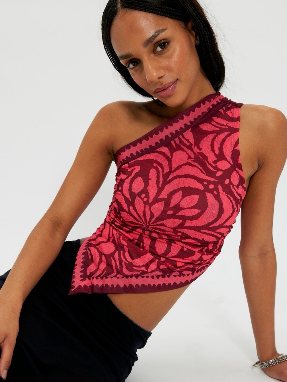 Free People Shore Night Out Top XS NWT Camelia Combo One Shoulder Mesh